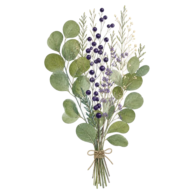 ユーカリと紫の小花を縦に束ねたナチュラルな植物イラスト（背景透過PNG）