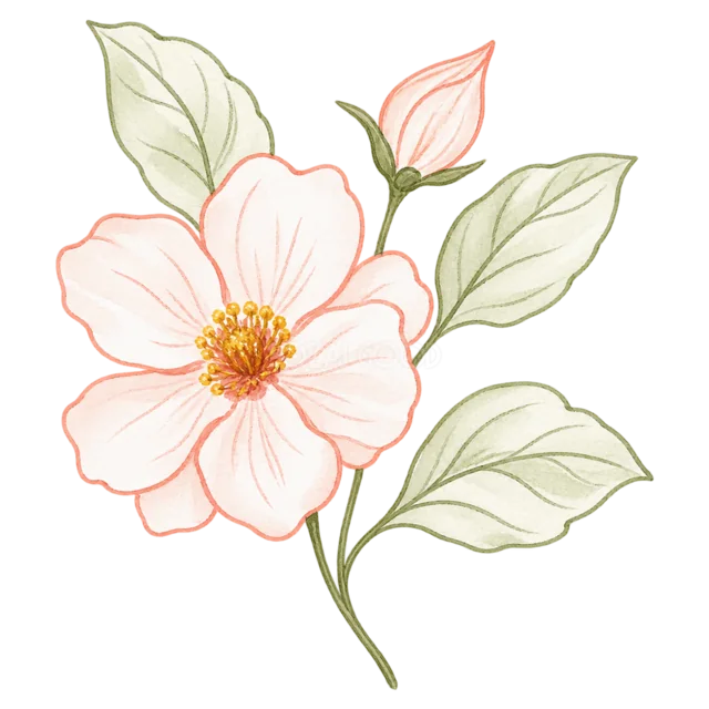 淡いピンクの大輪花を細い線で描いたボタニカルイラスト（背景透過PNG）