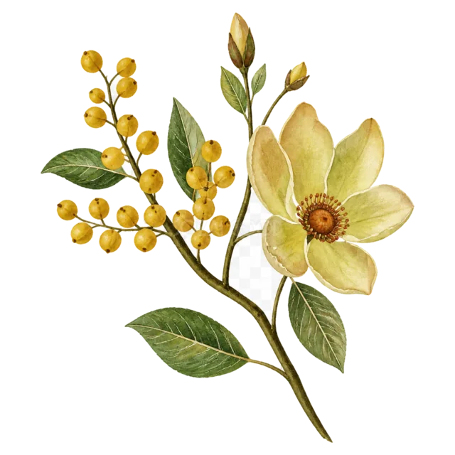 黄色い花と小さな実・緑の葉を描いた水彩植物イラスト（背景透過PNG）