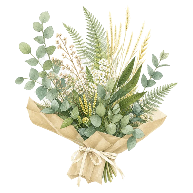 グリーンと黄色い草花をクラフト紙で包んだ花束イラスト（背景透過PNG）