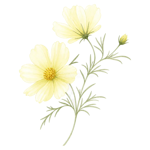 淡い黄色のコスモスとつぼみを描いた水彩の花イラスト（背景透過PNG）