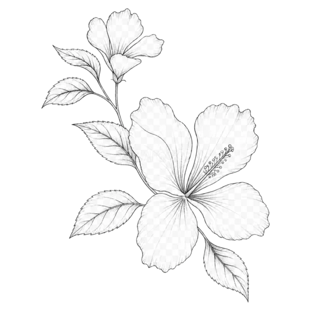 ハイビスカスの花と葉を描いた鉛筆線画イラスト（背景透過PNG）