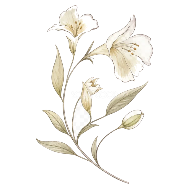 白いユリの花とつぼみを描いた上品な水彩フラワーイラスト（背景透過PNG）