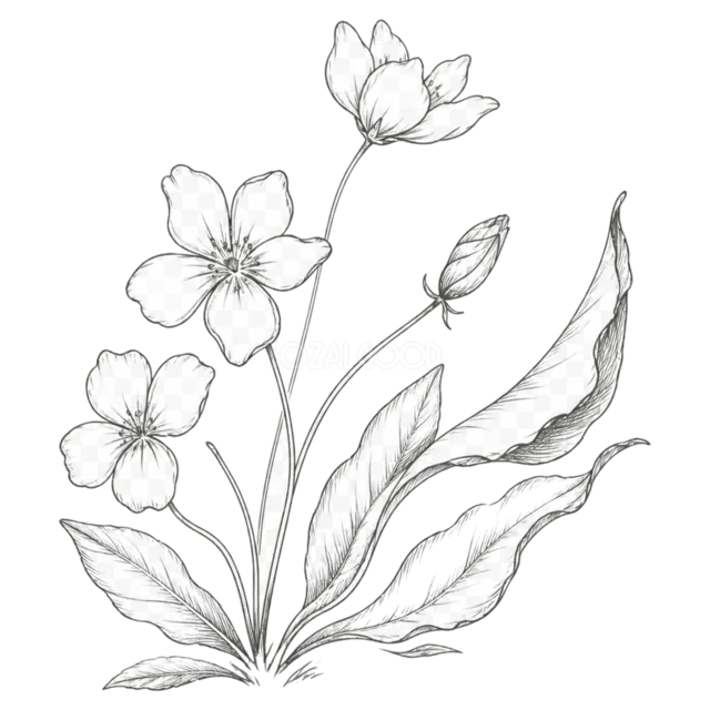 小花と細長い葉を描いた繊細なモノクロ線画イラスト（背景透過PNG）