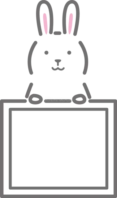 空の四角いボードを持つ白うさぎイラスト（背景透過PNG）