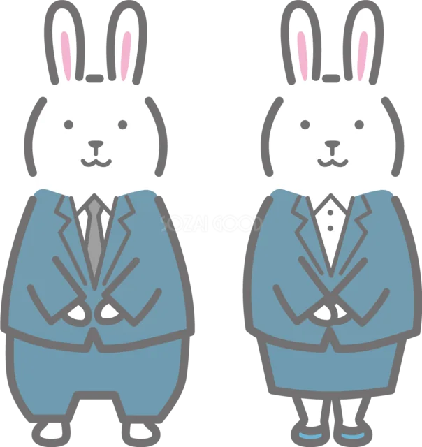 青いスーツで並ぶ新郎新婦のうさぎ（背景透過PNG）