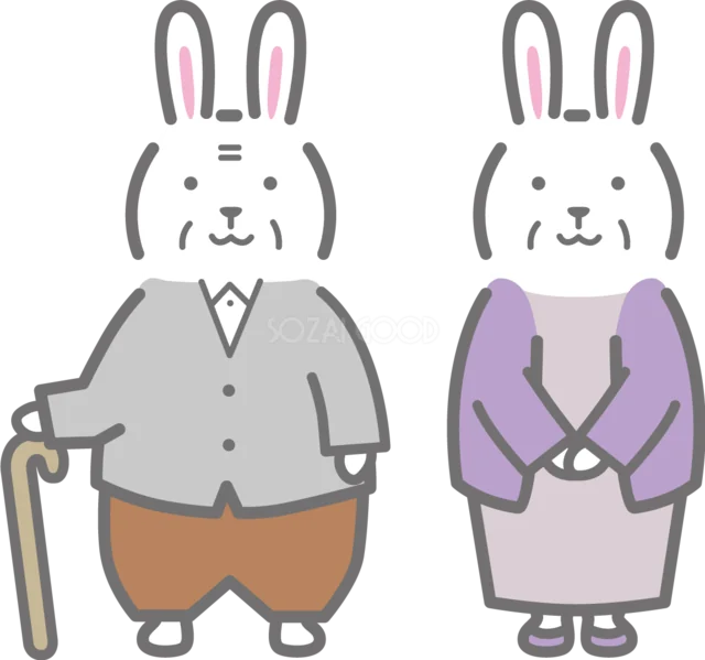 杖を持つ男性と紫の服の女性のシニアうさぎ（背景透過PNG）