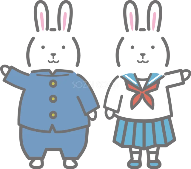 学ランとセーラー服を着た学生うさぎ（背景透過PNG）