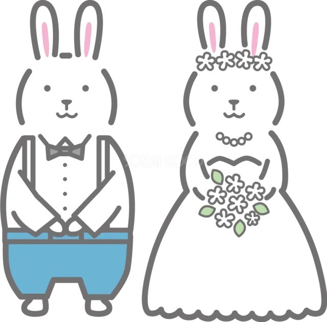 タキシードとウェディングドレスのうさぎ（背景透過PNG）