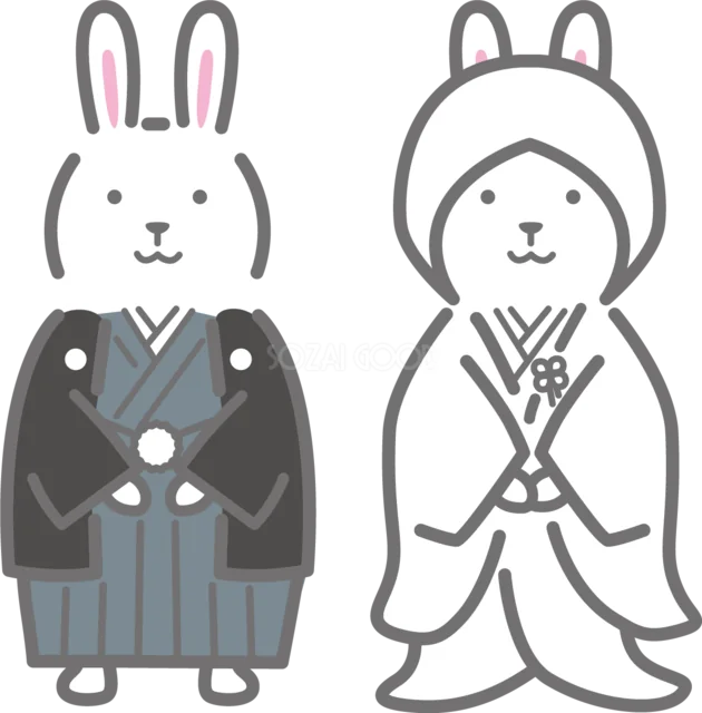 紋付き袴と白無垢を着た和装のうさぎ（背景透過PNG）