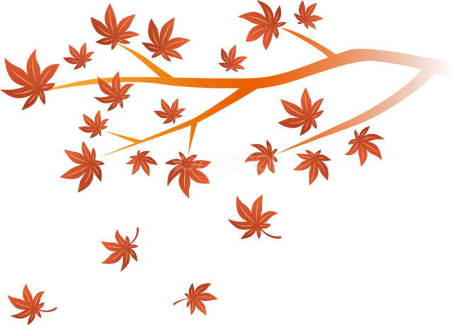 枝から舞い落ちる赤いもみじを描いた秋の紅葉イラスト（背景透過PNG）