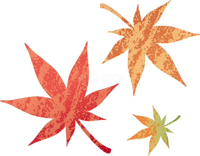 赤・オレンジ・緑のもみじ3枚を重ねた秋イラスト（背景透過PNG）