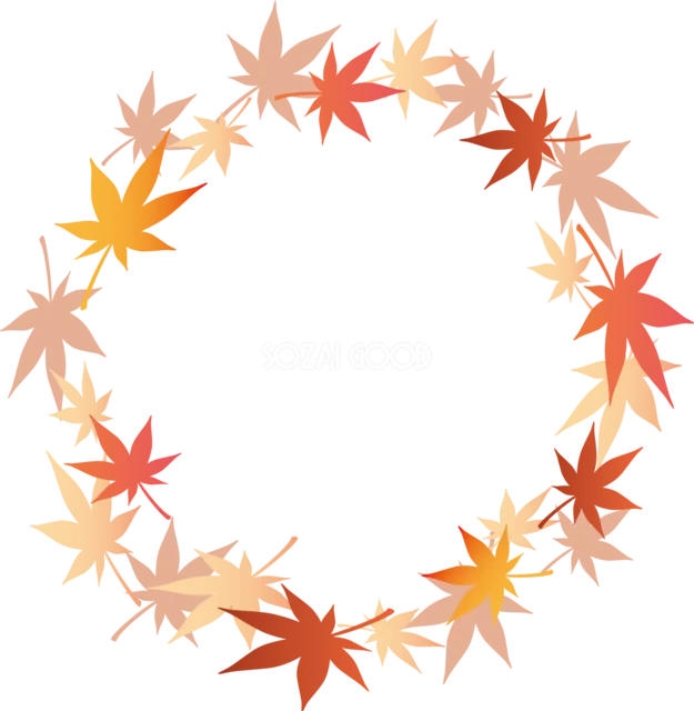赤・橙・黄色の紅葉を輪に並べた鮮やかな秋のリースフレーム（背景透過PNG）