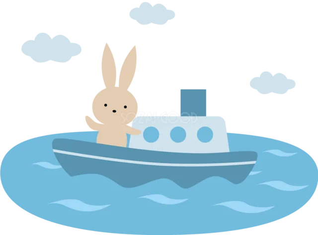 青い海で船を操縦するかわいいうさぎ（背景透過PNG）