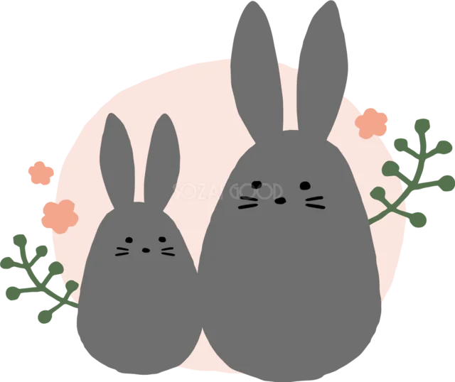 花と葉に囲まれて並ぶ黒うさぎの親子（背景透過PNG）