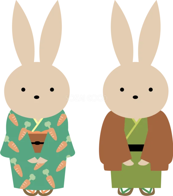 緑と茶色の着物で並ぶシニアのうさぎ夫婦（背景透過PNG）