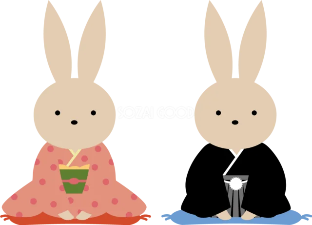 ピンクの着物と黒い袴で並ぶ和装うさぎ（背景透過PNG）