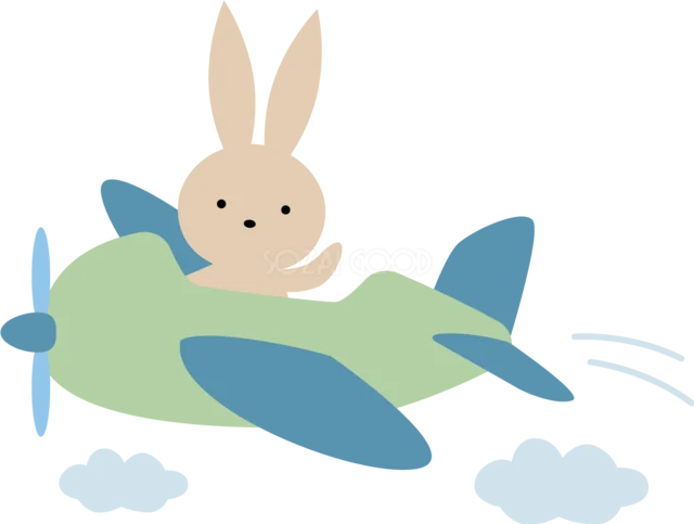 緑の飛行機を操縦して空を飛ぶうさぎ（背景透過PNG）