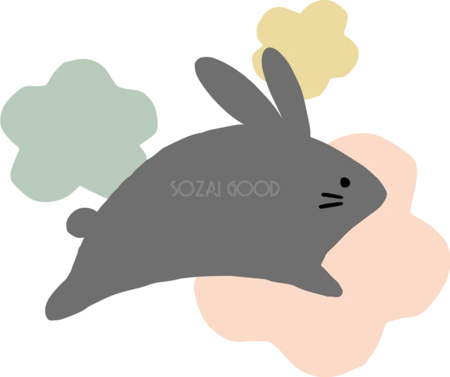 パステルの花形模様の上を跳ぶ黒うさぎ（背景透過PNG）