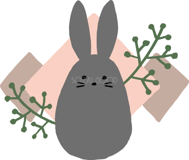 幾何学模様と緑の葉を背に座る黒うさぎ（背景透過PNG）