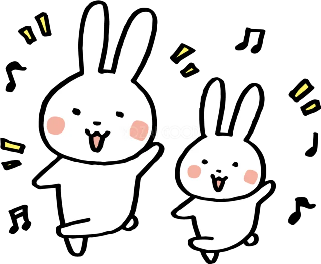 音符に囲まれて踊るうさぎの親子（背景透過PNG）