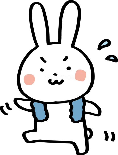青いタオルを首にかけて汗を拭くうさぎ（背景透過PNG）