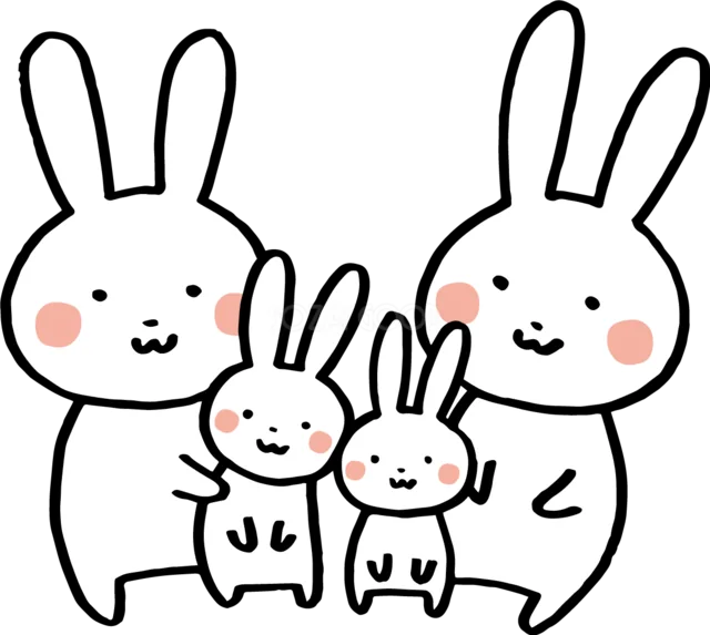 仲良く寄り添う4匹のうさぎ家族（背景透過PNG）