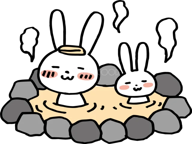 露天風呂でくつろぐうさぎの親子（背景透過PNG）