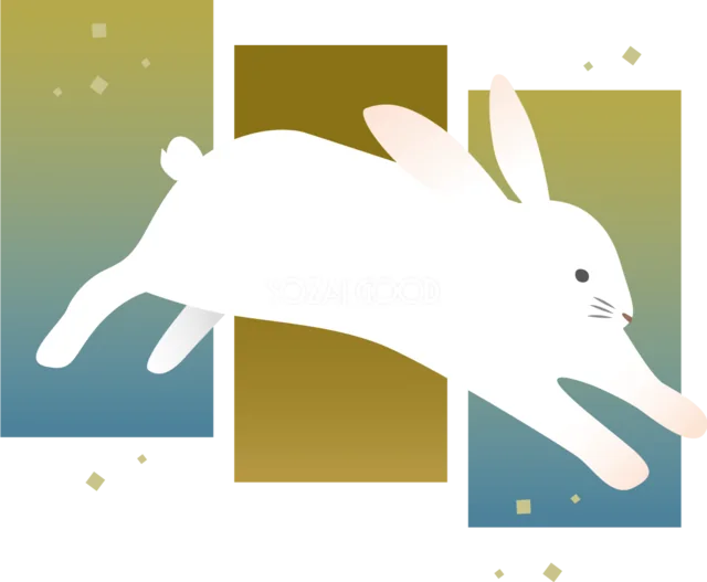 青緑と金色の四角模様を飛び越える白うさぎイラスト（背景透過PNG）