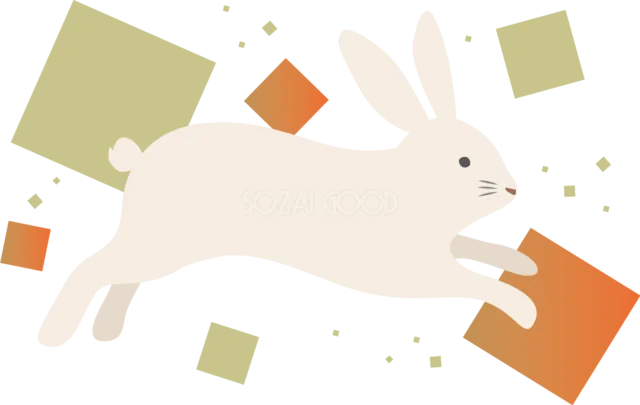 和色の四角が舞う中を駆ける白うさぎイラスト（背景透過PNG）