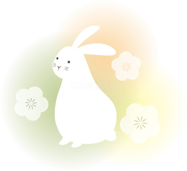 淡い緑の丸と梅の花を背に座る白うさぎイラスト（背景透過PNG）