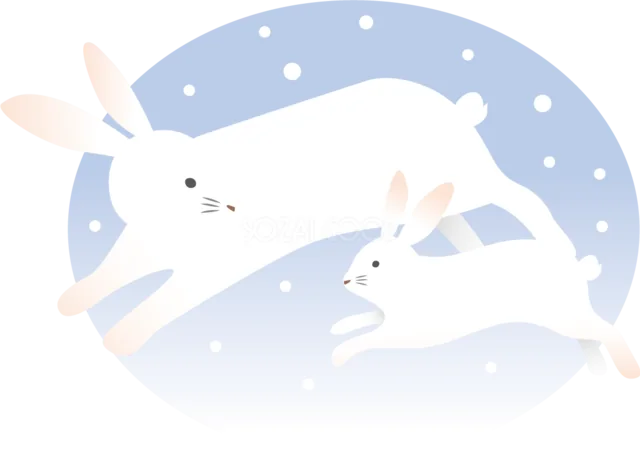 雪の青い円を駆ける白うさぎの親子イラスト（背景透過PNG）