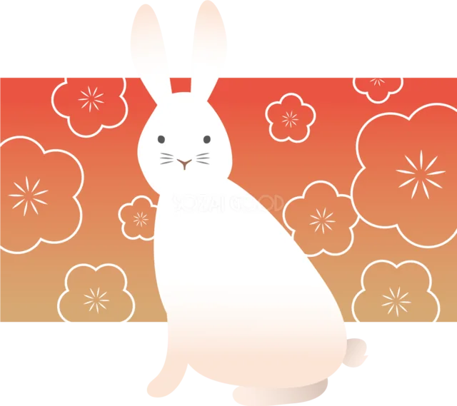 赤い梅柄の四角を背景に立つ白うさぎイラスト（背景透過PNG）