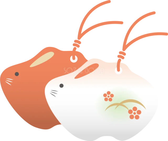 紅白の根付紐を付けたうさぎ形の和風飾りイラスト（背景透過PNG）
