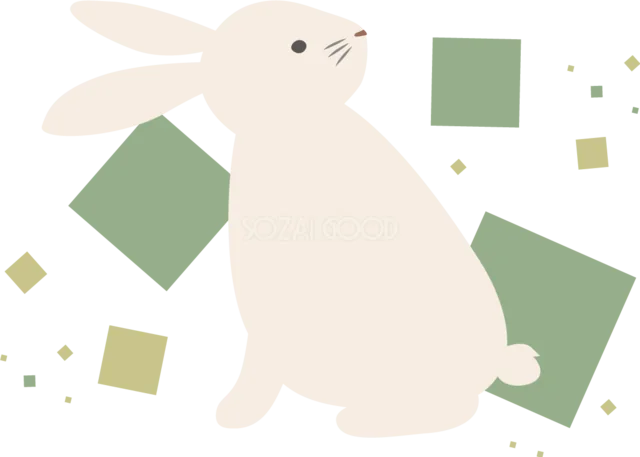 緑の四角模様の前で立ち上がる白うさぎイラスト（背景透過PNG）