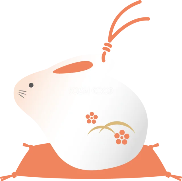 赤い座布団に座る白いうさぎ形の和風飾りイラスト（背景透過PNG）