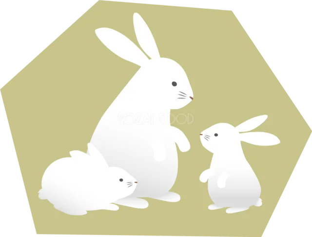 六角形の和柄に白うさぎの親子を描いたイラスト（背景透過PNG）