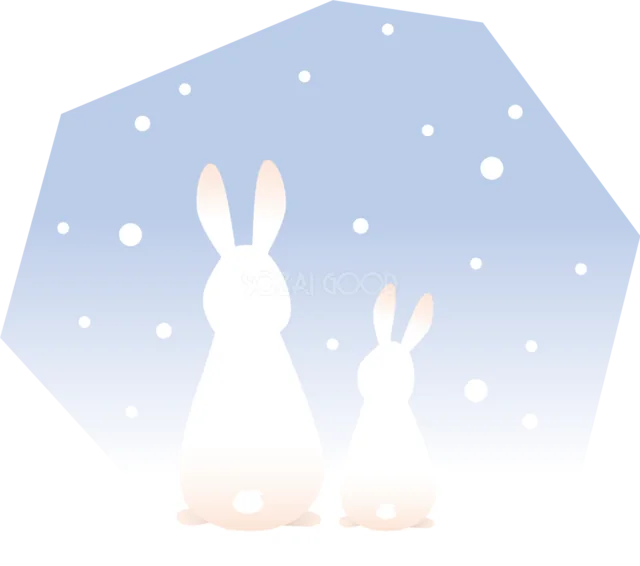 雪の青い八角形を背に並ぶ白うさぎ親子のイラスト（背景透過PNG）