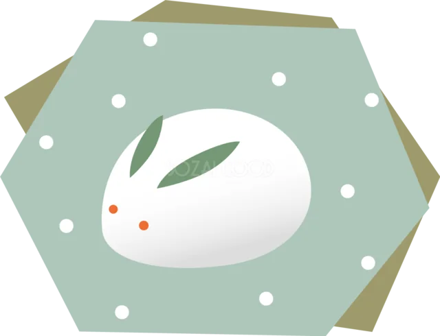 雪の六角形に丸く座る白いうさぎの和風イラスト（背景透過PNG）