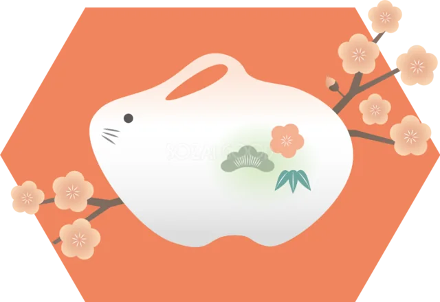 松と竹・梅の枝を飾ったうさぎ形の和風イラスト（背景透過PNG）