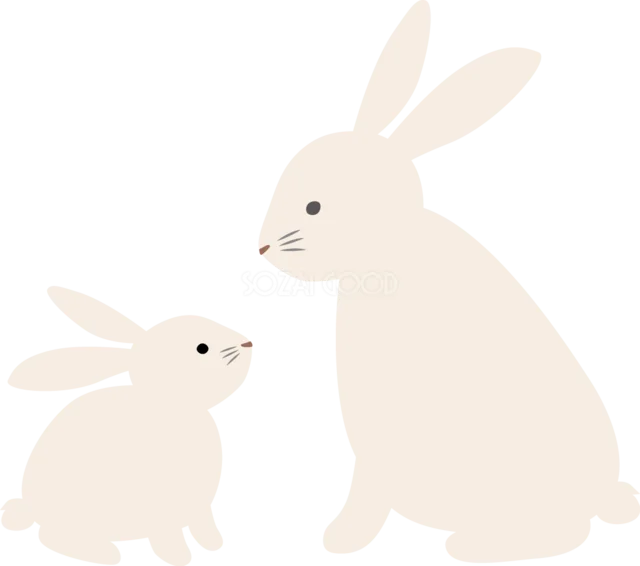 寄り添って見つめ合う白うさぎの親子イラスト（背景透過PNG）