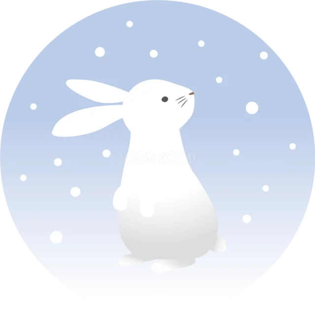 雪が舞う青い円の中で立つ白うさぎイラスト（背景透過PNG）