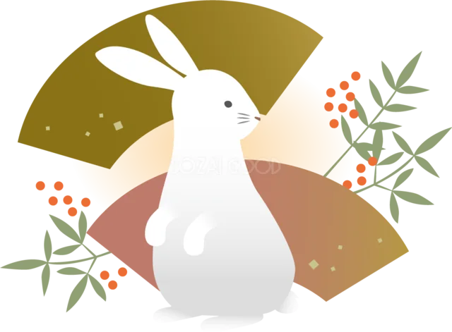 金色の扇と赤い実を背に立つ白うさぎの和風イラスト（背景透過PNG）
