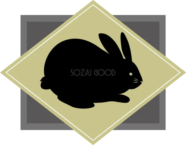 菱形の和柄に黒うさぎのシルエットを描いたイラスト（背景透過PNG）