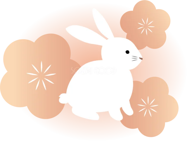 オレンジ色の梅の花を背景に駆ける白うさぎイラスト（背景透過PNG）