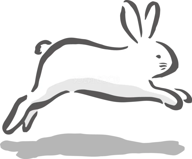 元気よく飛び跳ねる筆描き風の白いうさぎイラスト（背景透過PNG）