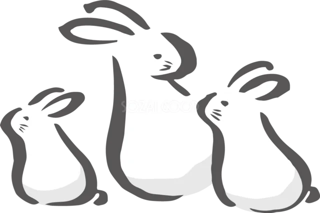 親うさぎと2羽の子うさぎが並ぶ筆描き風イラスト（背景透過PNG）