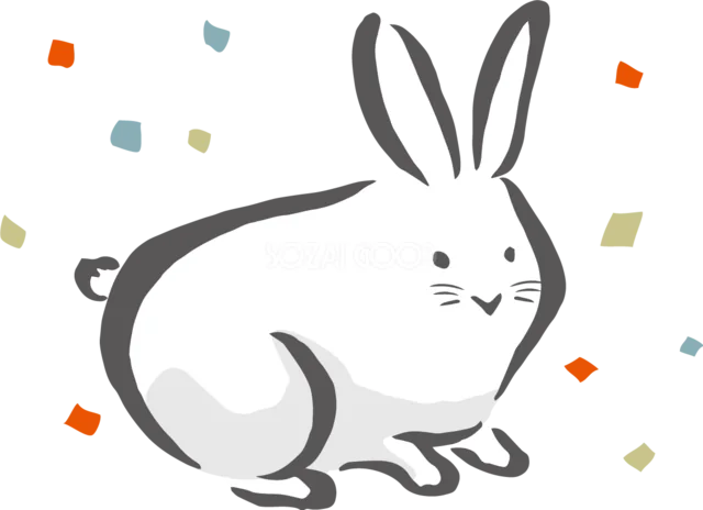 色紙が舞う中で身をかがめる白うさぎのかわいいイラスト（背景透過PNG）