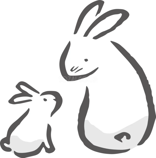 子うさぎと大きな親うさぎが向かい合うイラスト（背景透過PNG）