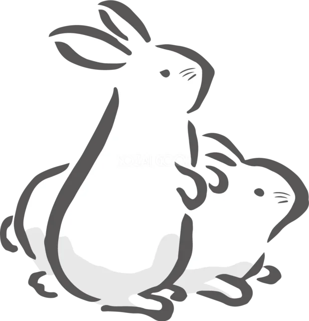 親うさぎと子うさぎが寄り添って座る筆描き風イラスト（背景透過PNG）